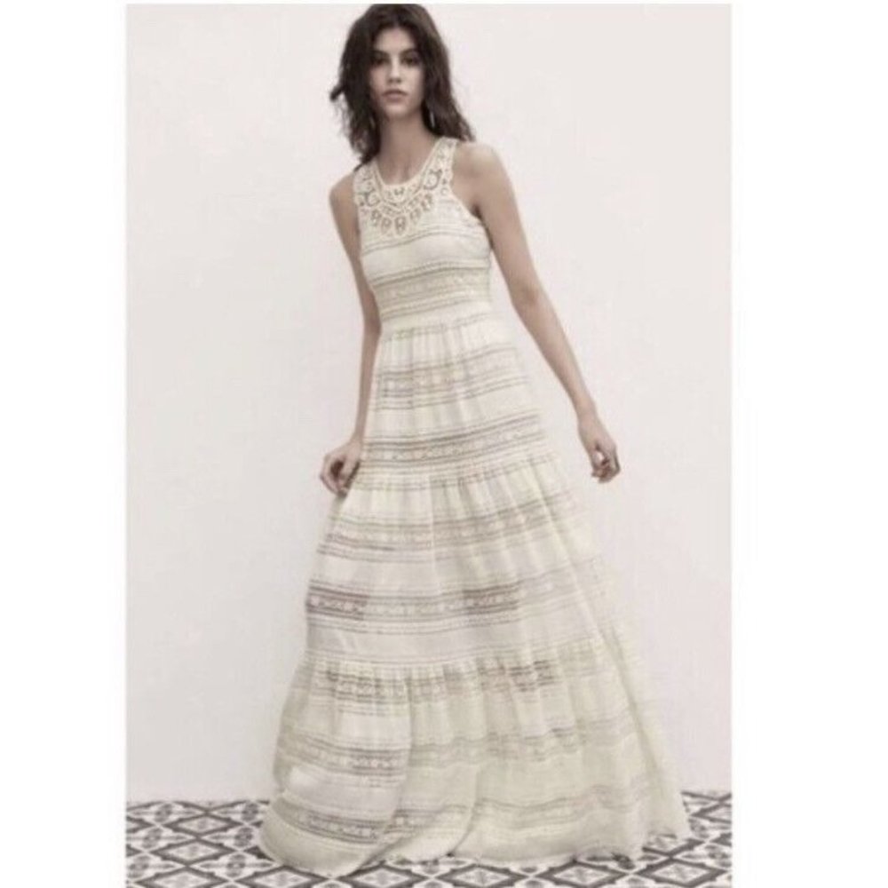 Eliza J Womens Lace Tiered Ivory Maxi Dress Boho Cottagecore Sz 12